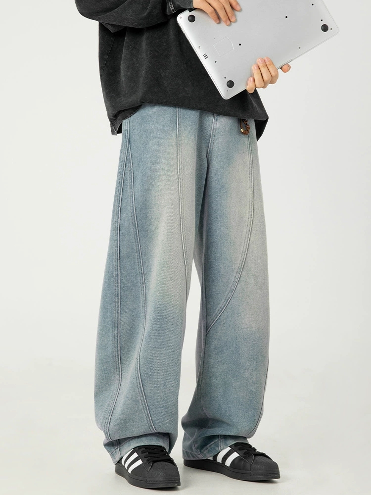 Men's Japanese Style Washed Wide Leg Jeans – Vintage Distressed Loose Fit Denim Pants