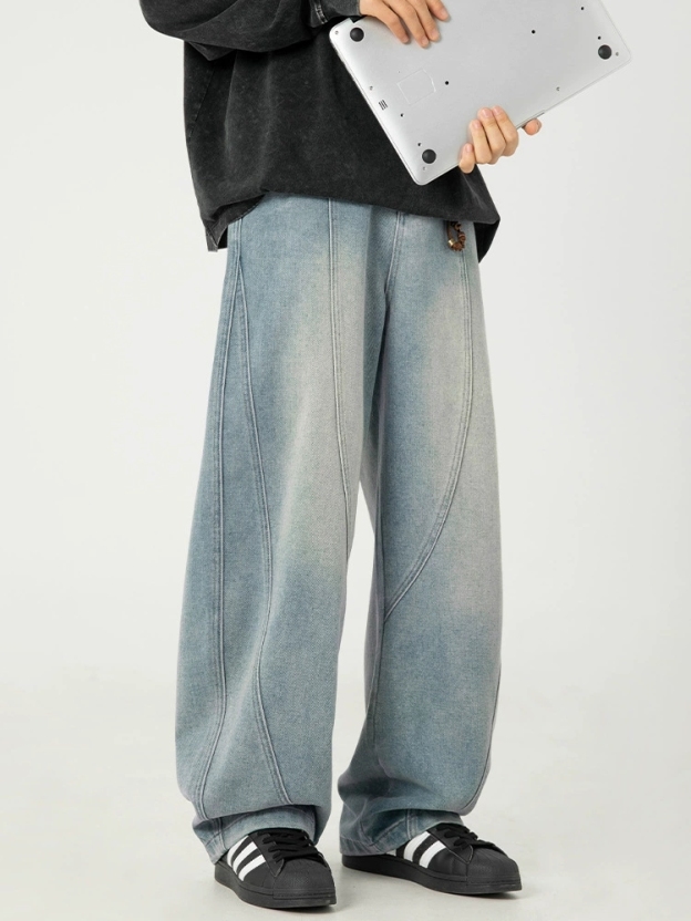 Men's Japanese Style Washed Wide Leg Jeans – Vintage Distressed Loose Fit Denim Pants