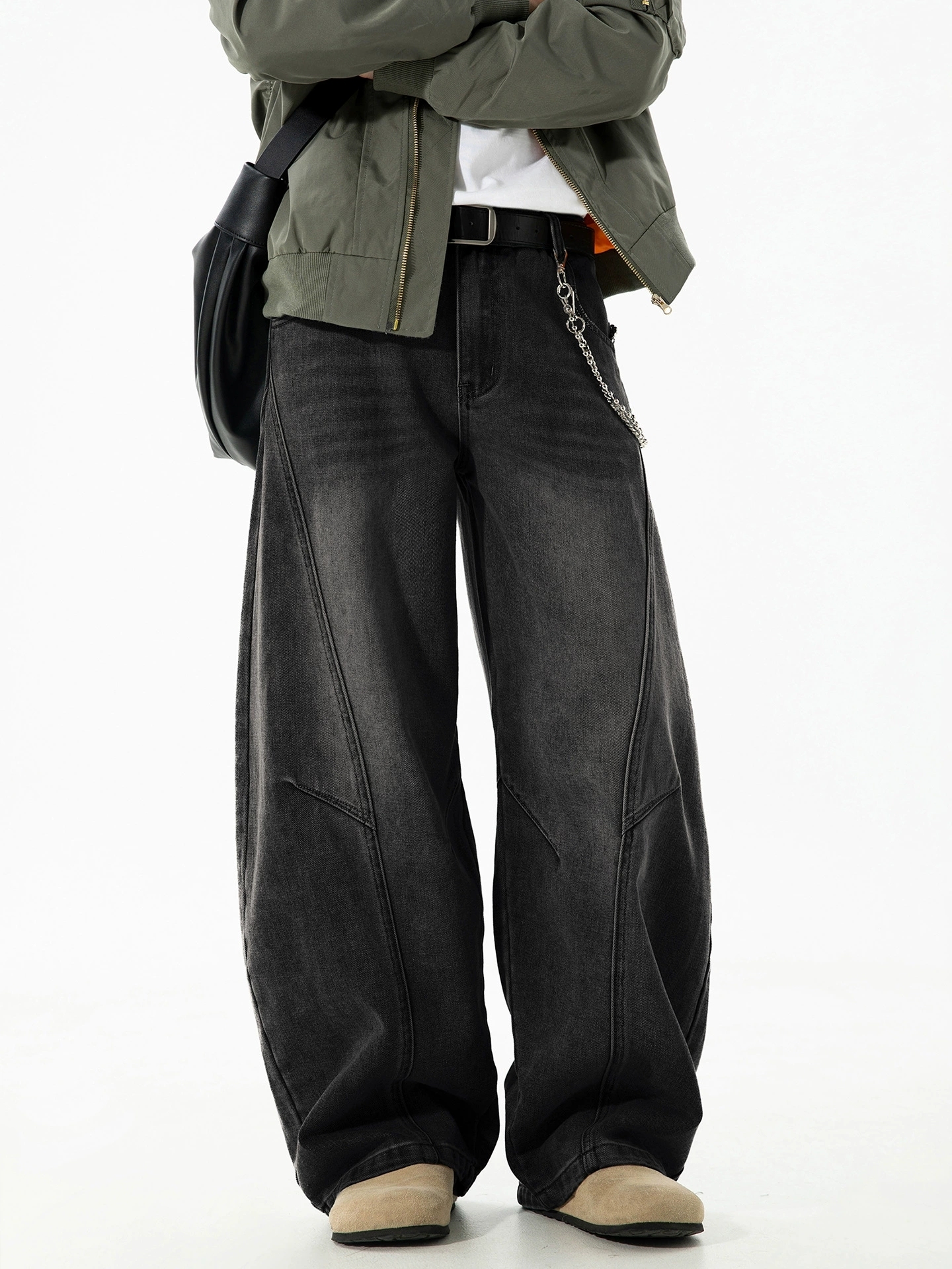 Men's Vintage Washed Barrel Leg Jeans – Loose Fit Panel Design Straight Denim Pants