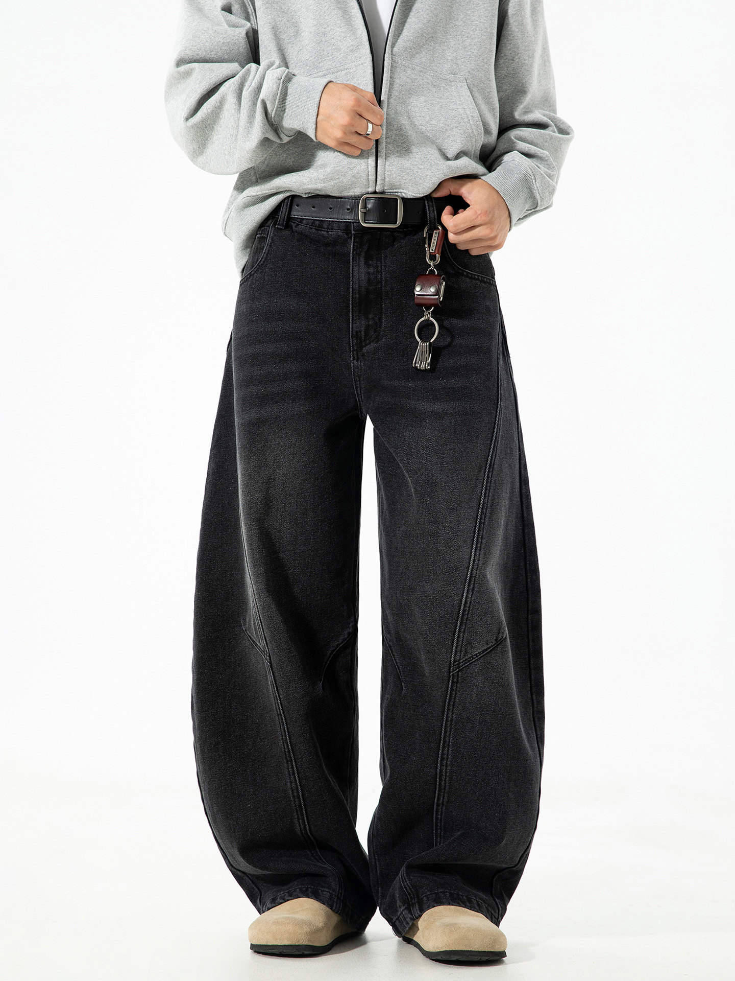 Men's Vintage Washed Barrel Leg Jeans – Loose Fit Panel Design Straight Denim Pants