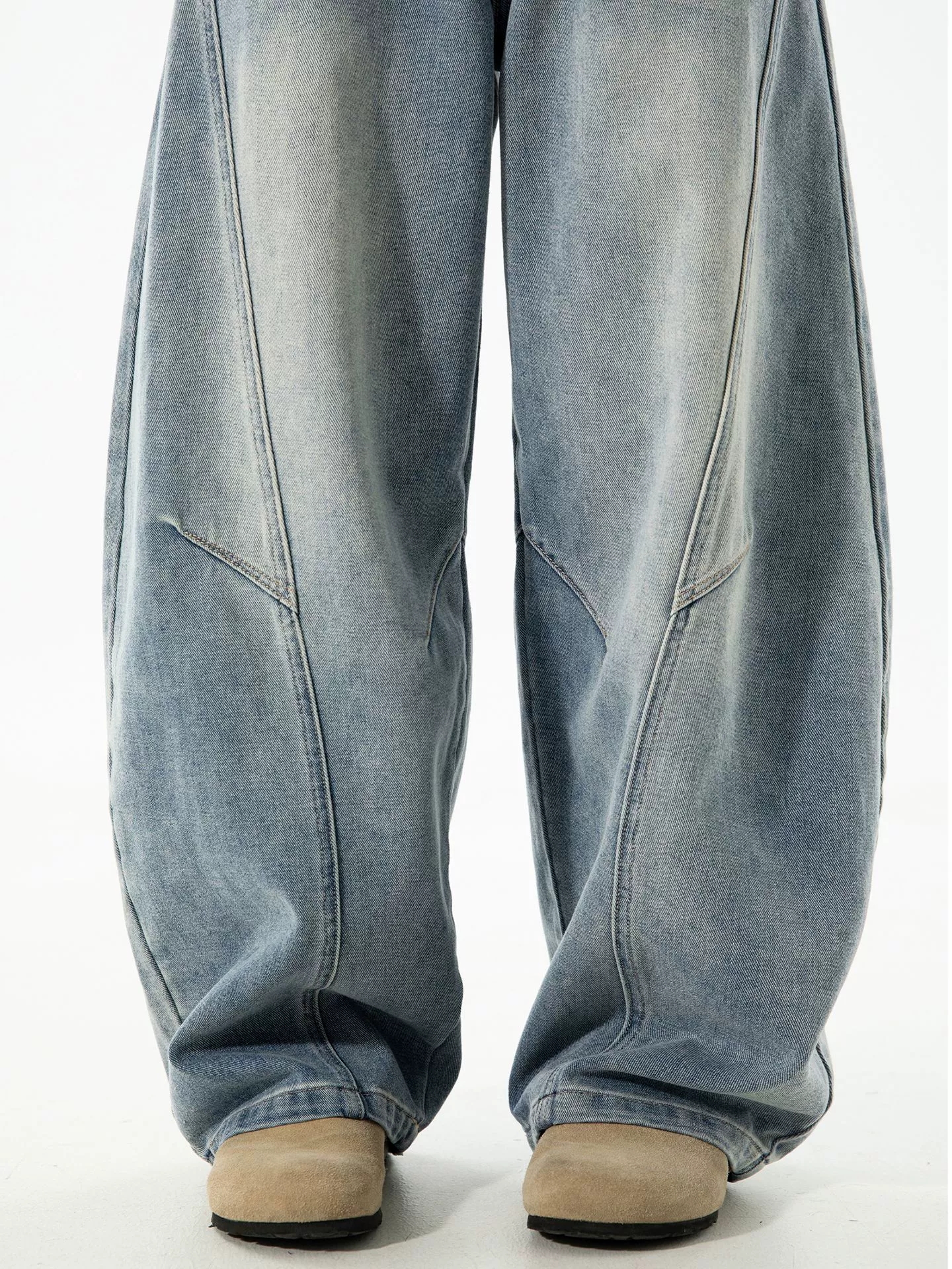 Men's Vintage Washed Barrel Leg Jeans – Loose Fit Panel Design Straight Denim Pants