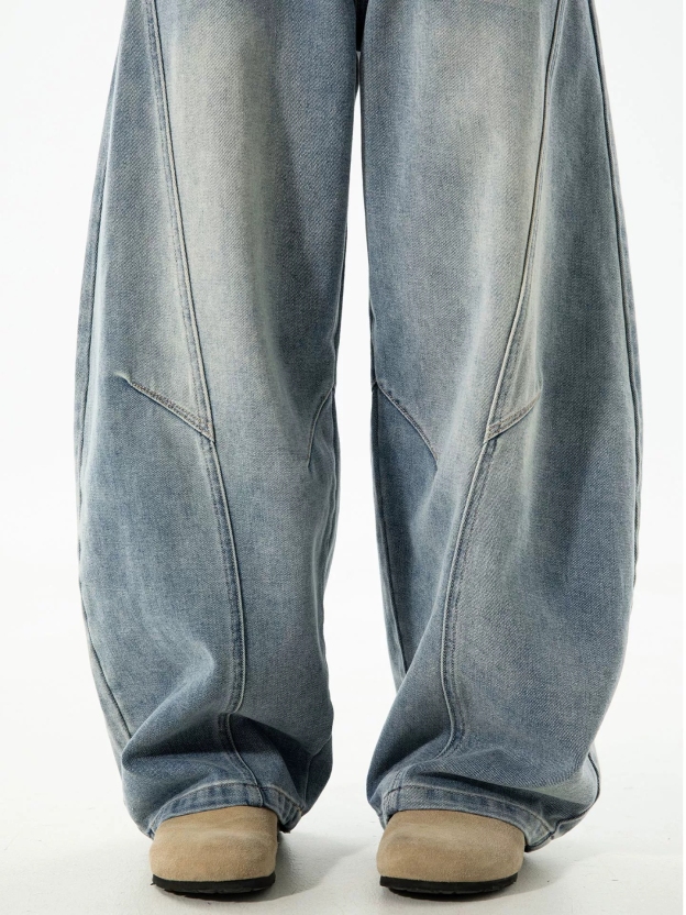 Men's Vintage Washed Barrel Leg Jeans – Loose Fit Panel Design Straight Denim Pants