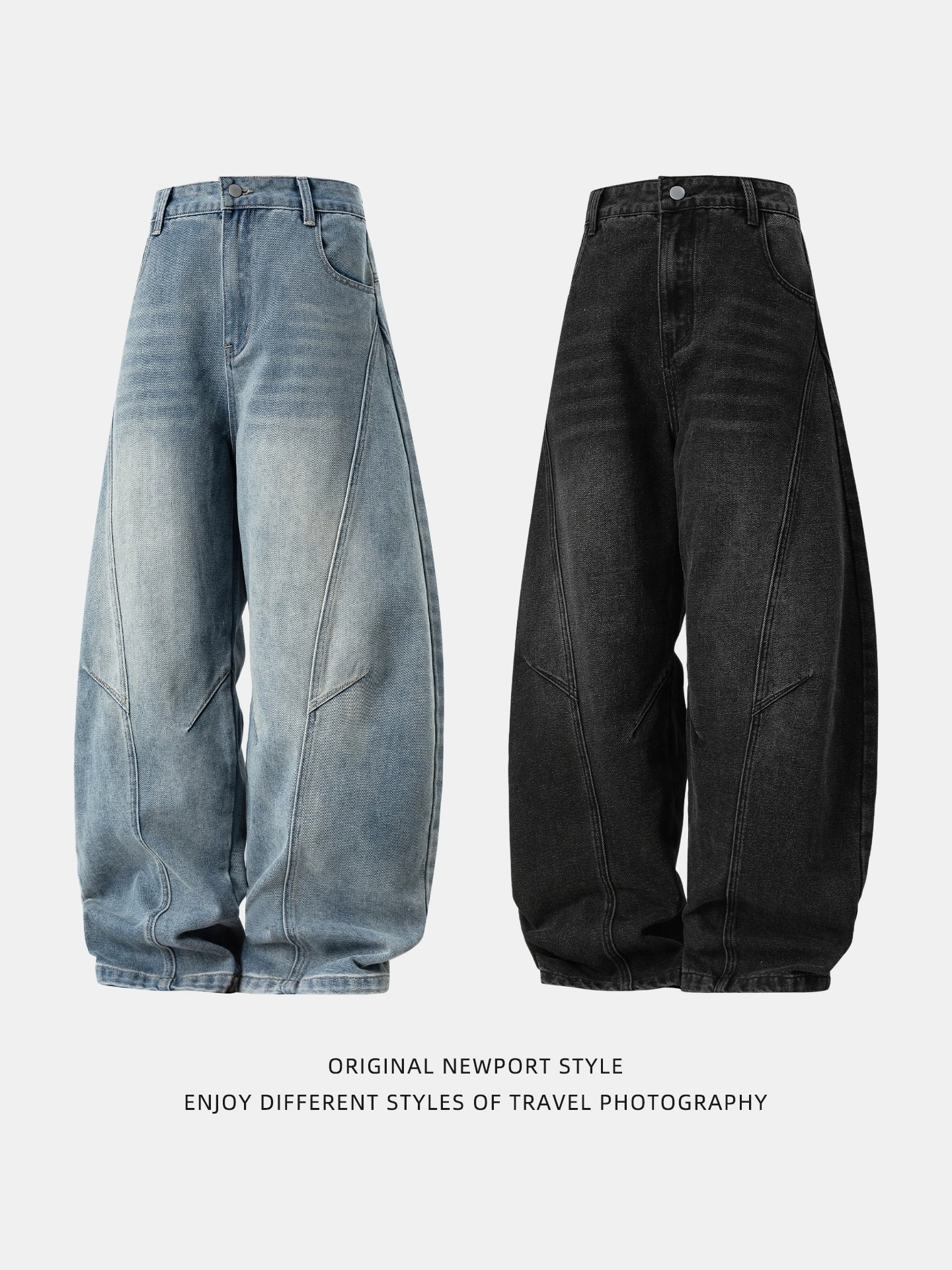 Men's Vintage Washed Barrel Leg Jeans – Loose Fit Panel Design Straight Denim Pants