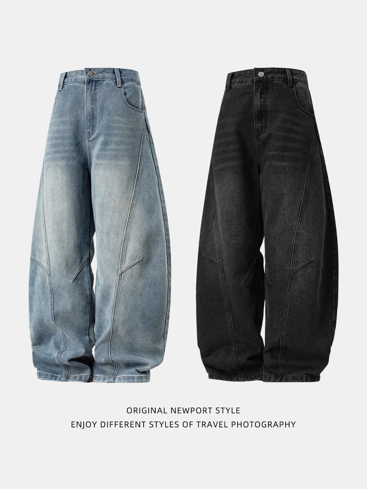 Men's Vintage Washed Barrel Leg Jeans – Loose Fit Panel Design Straight Denim Pants