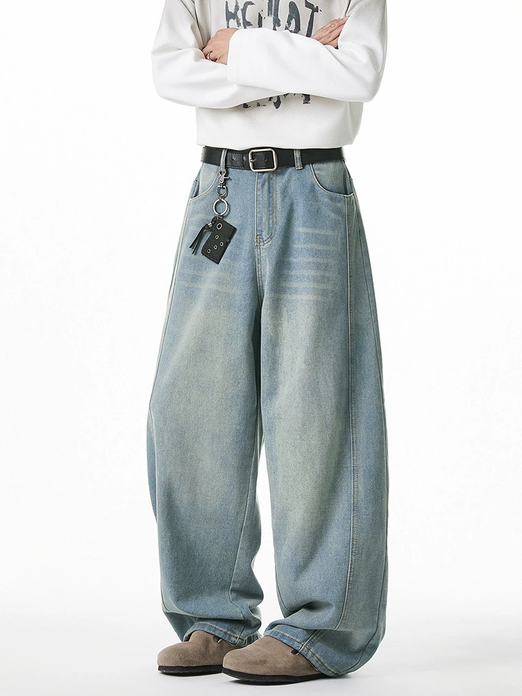 Men's American Vintage Washed Denim Jeans – Loose Fit Tapered Panel Pants