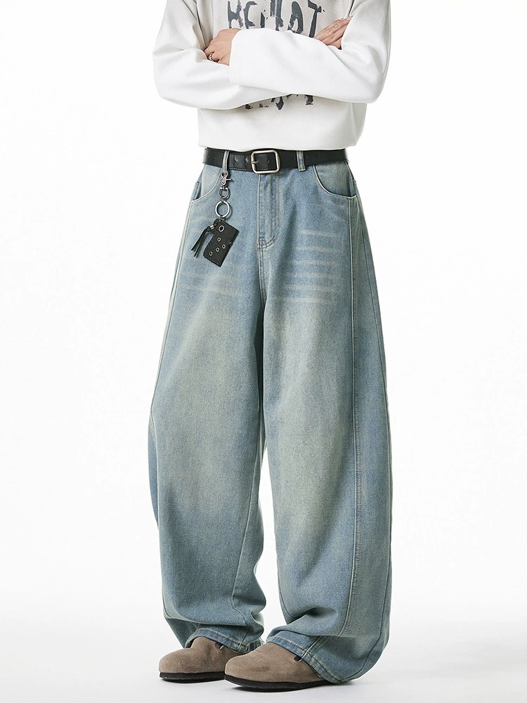 Men's American Vintage Washed Denim Jeans – Loose Fit Tapered Panel Pants