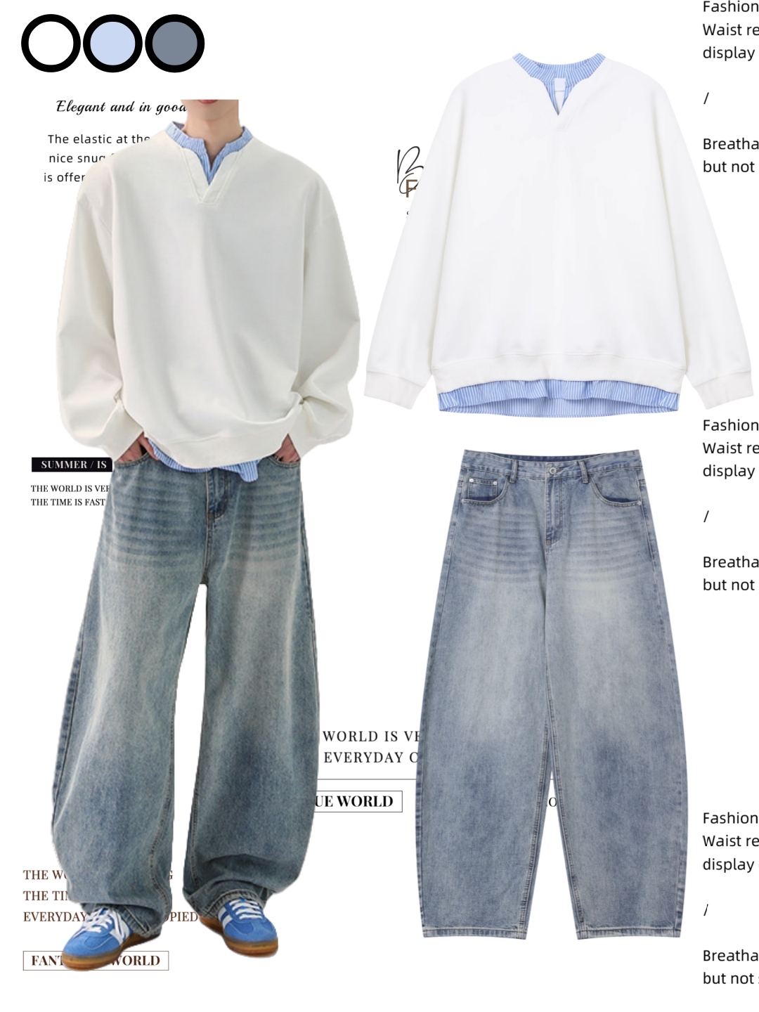 DG STUDIOS DG983 【春の新作】レイヤードデザイン スウェット×ストライプシャツ＋ワイドデニムパンツ｜韓国ストリートカジュアル