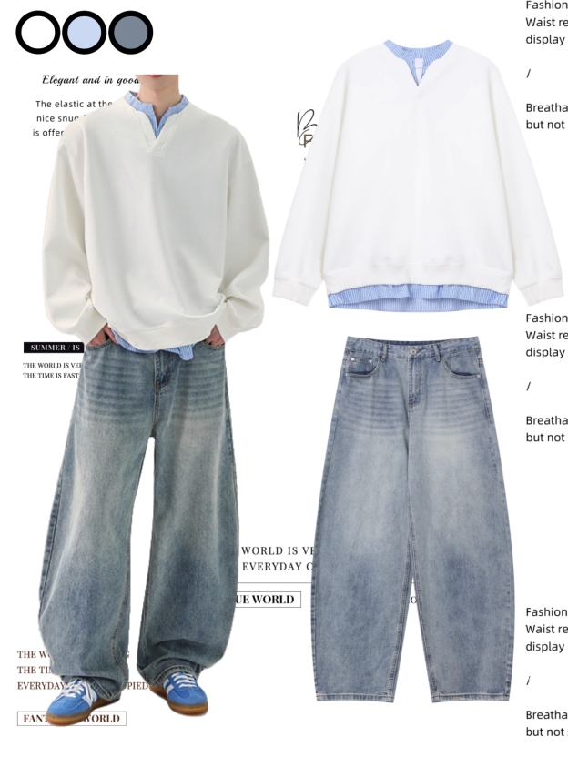 DG STUDIOS DG983 【春の新作】レイヤードデザイン スウェット×ストライプシャツ＋ワイドデニムパンツ｜韓国ストリートカジュアル