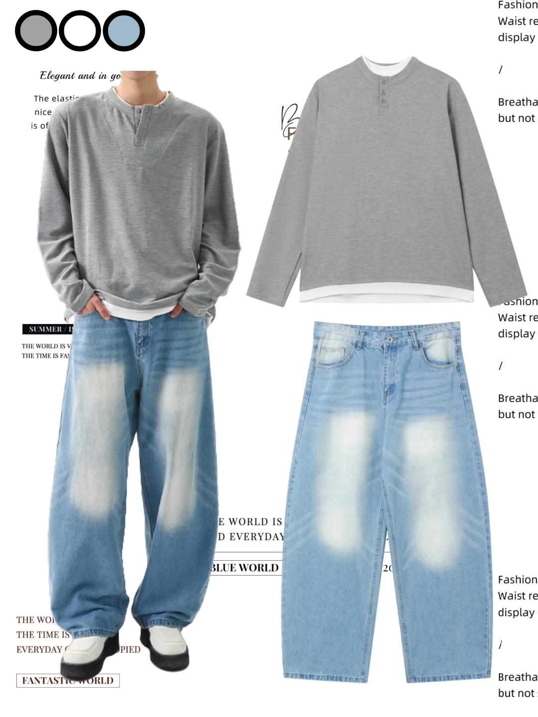 DG STUDIOS DG984 【春の新作】ヘンリーネックロングスリーブ×ウォッシュワイドデニム｜韓国ストリートカジュアル