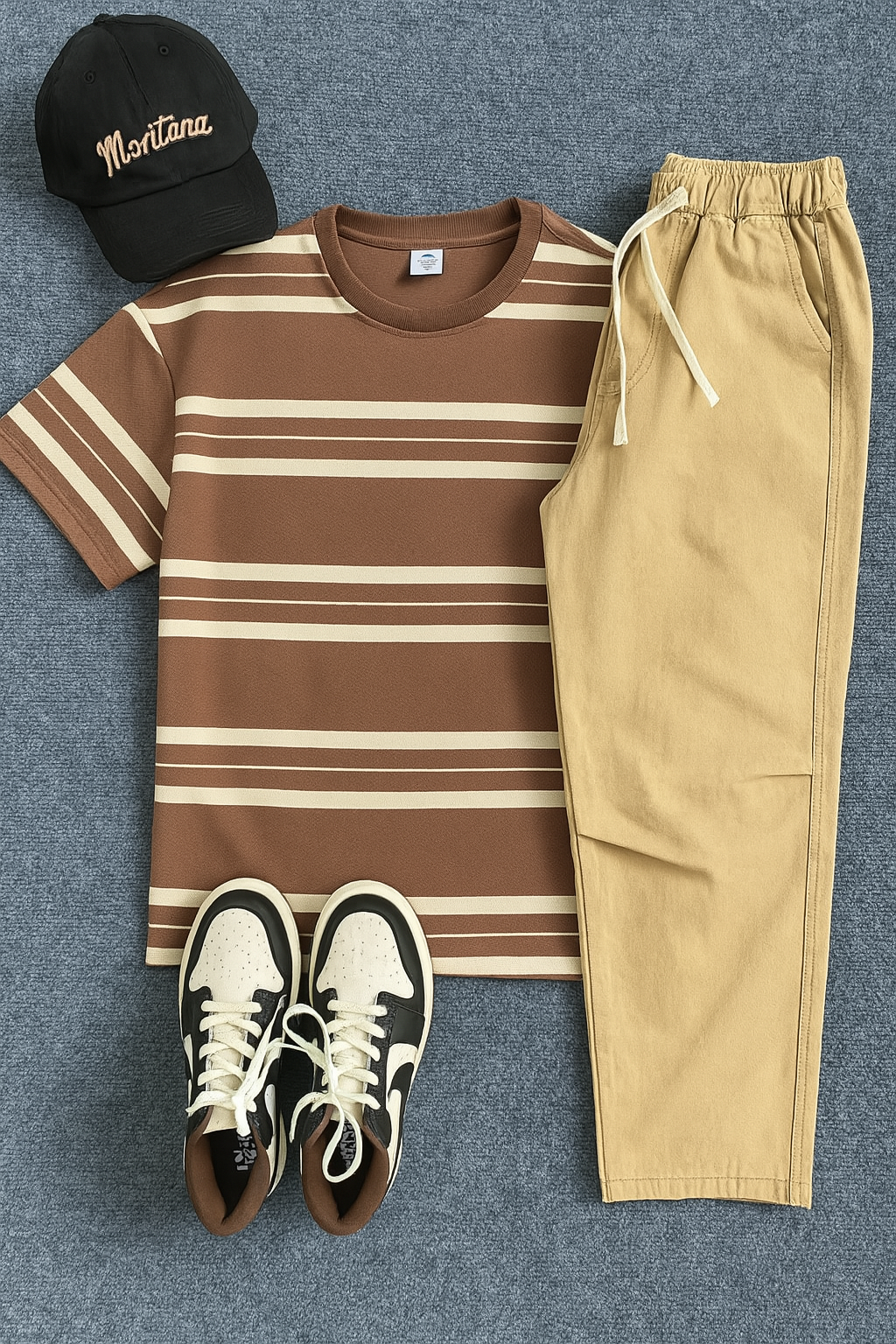 DG STUDIOS DG1147 レトロアメリカン風メンズセット｜ボーダーTシャツ＋ベージュジョガーパンツ