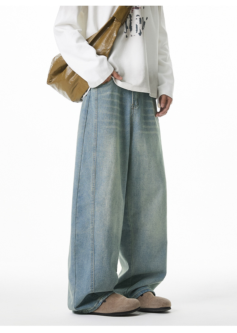 Men's American Vintage Washed Denim Jeans – Loose Fit Tapered Panel Pants