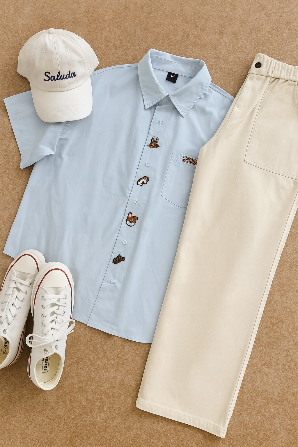 DG STUDIOS DG1137  アニマル刺繍シャツ＆クリームカラーパンツ｜清潔感あふれる夏のキャンパスコーデ