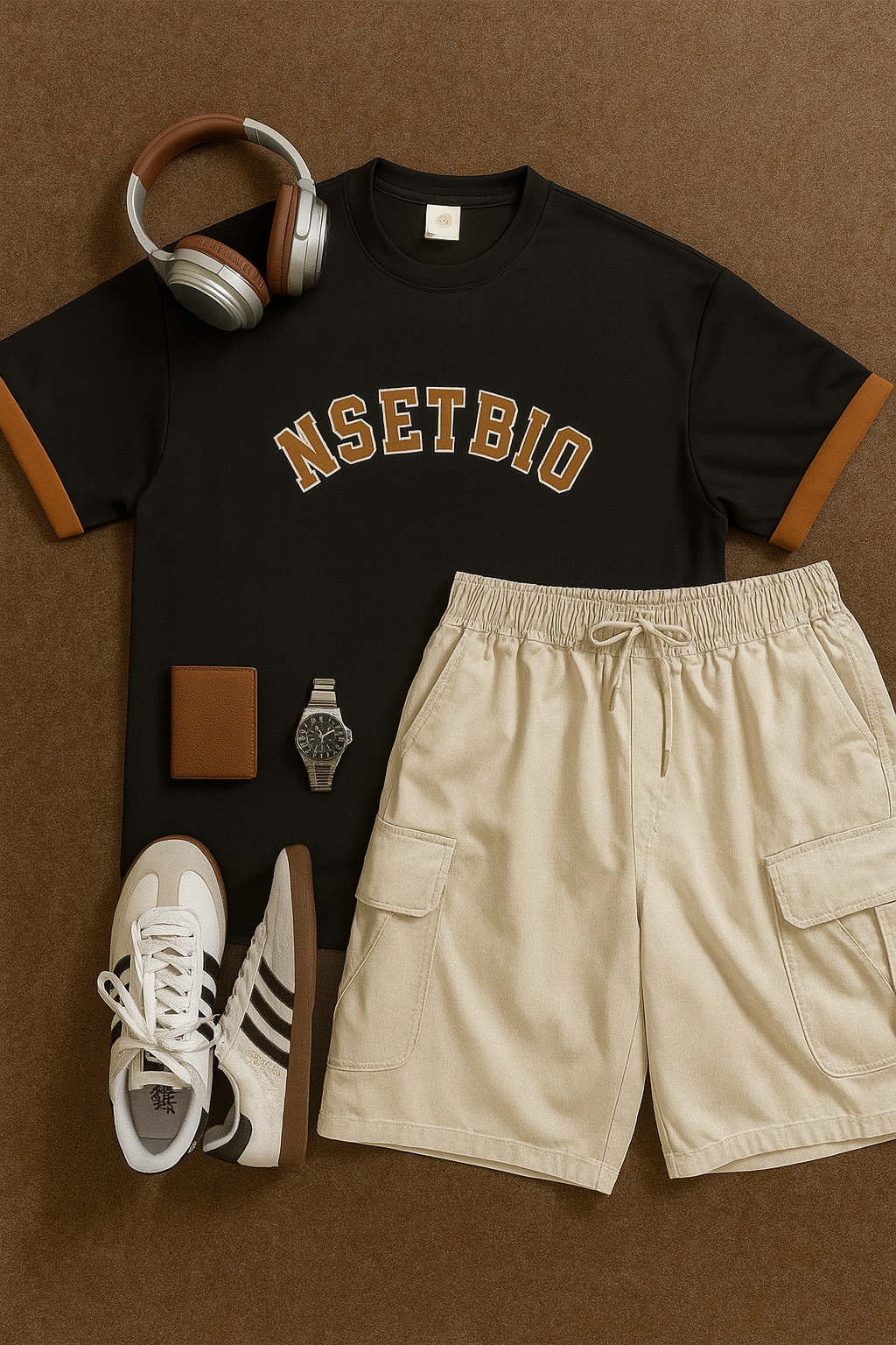 DG STUDIOS DG1146 夏のレトロカレッジ風セットアップ｜ロゴTシャツ＋マルチポケットショーツ