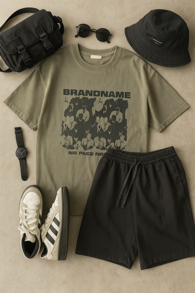 DG STUDIOS DG1140  夏のメンズ日系ストリートセットアップ｜プリントTシャツ＋無地ショートパンツ（コーディネート参考付き）