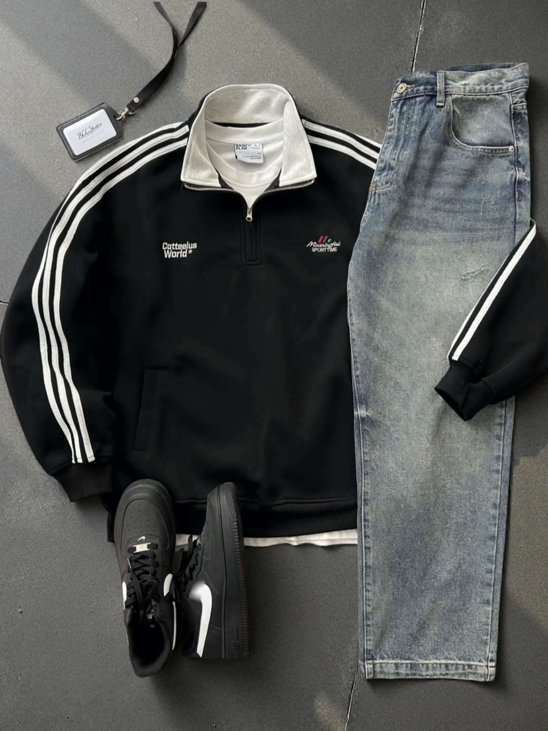 DG STUDIOS DG1157  シンプルレトロスポーツセットアップ｜ジップアップスウェット＋ウォッシュデニム