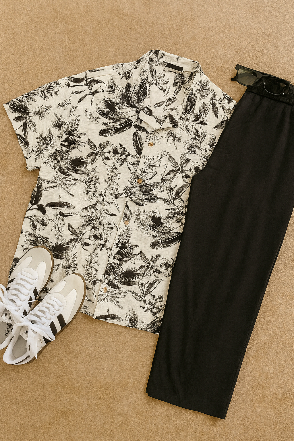 DG STUDIOS DG1138モノクロ植物柄シャツ＆ブラックパンツ｜都会派・夏のスマートカジュアル