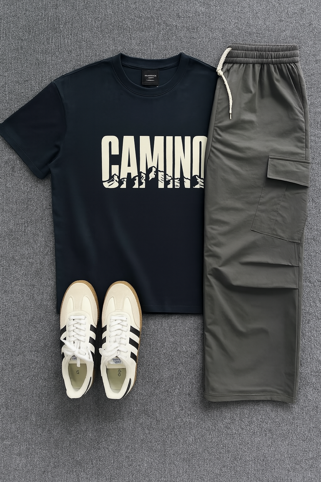 DG STUDIOS DG1152 アーバンアウトドア風メンズコーデ｜ロゴTシャツ＋カーゴドローストリングパンツ