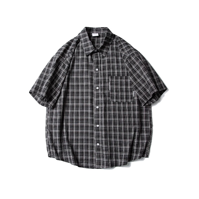 レトロ日系メンズコーデセット｜チェックシャツ＋プリントTシャツ＋ライトブルーデニム