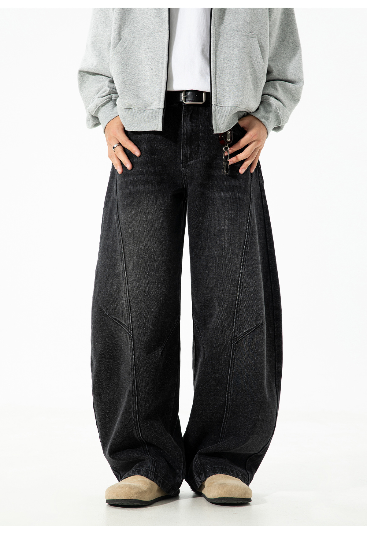 Men's Vintage Washed Barrel Leg Jeans – Loose Fit Panel Design Straight Denim Pants