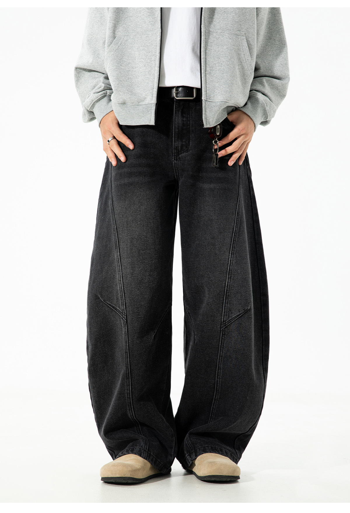 Men's Vintage Washed Barrel Leg Jeans – Loose Fit Panel Design Straight Denim Pants