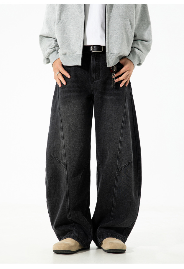Men's Vintage Washed Barrel Leg Jeans – Loose Fit Panel Design Straight Denim Pants