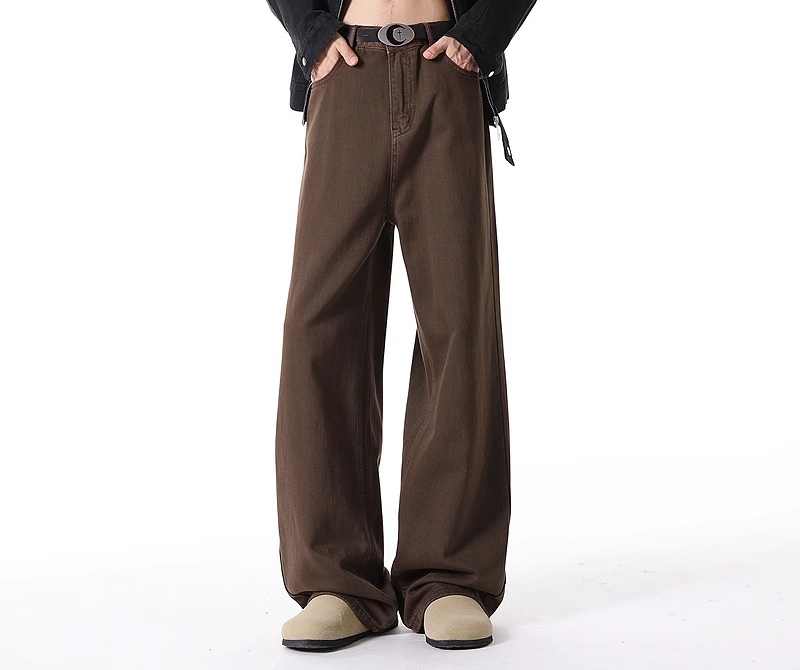 【春の新作】ヴィンテージ感漂うブラウンポロニット＋チェックシャツ＋ワイドパンツ｜レイヤードスタイル