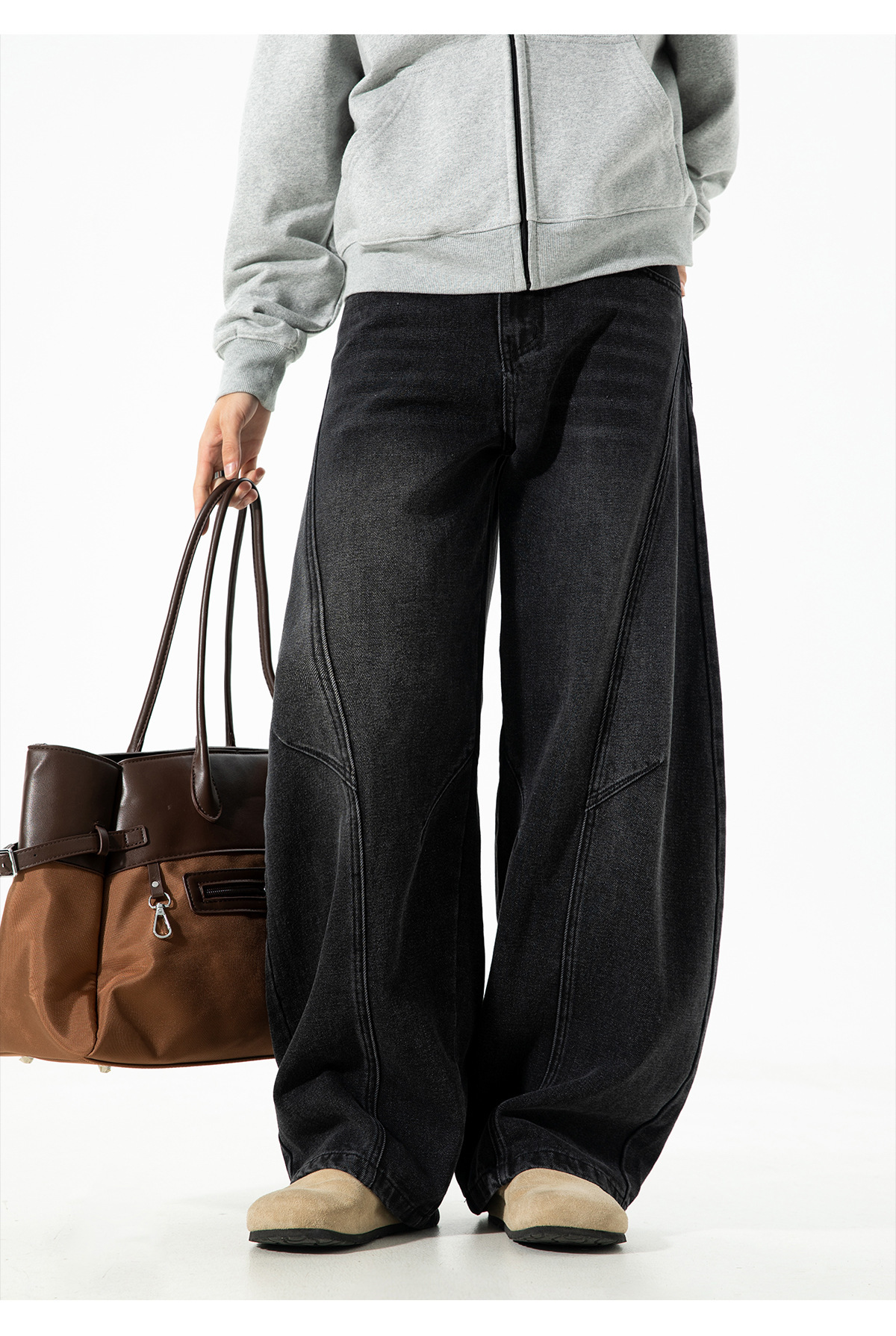 Men's Vintage Washed Barrel Leg Jeans – Loose Fit Panel Design Straight Denim Pants