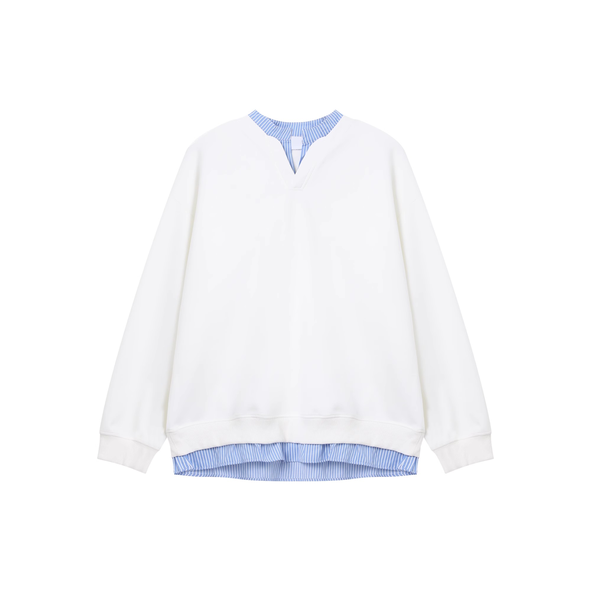 【春の新作】レイヤードデザイン スウェット×ストライプシャツ＋ワイドデニムパンツ｜韓国ストリートカジュアル