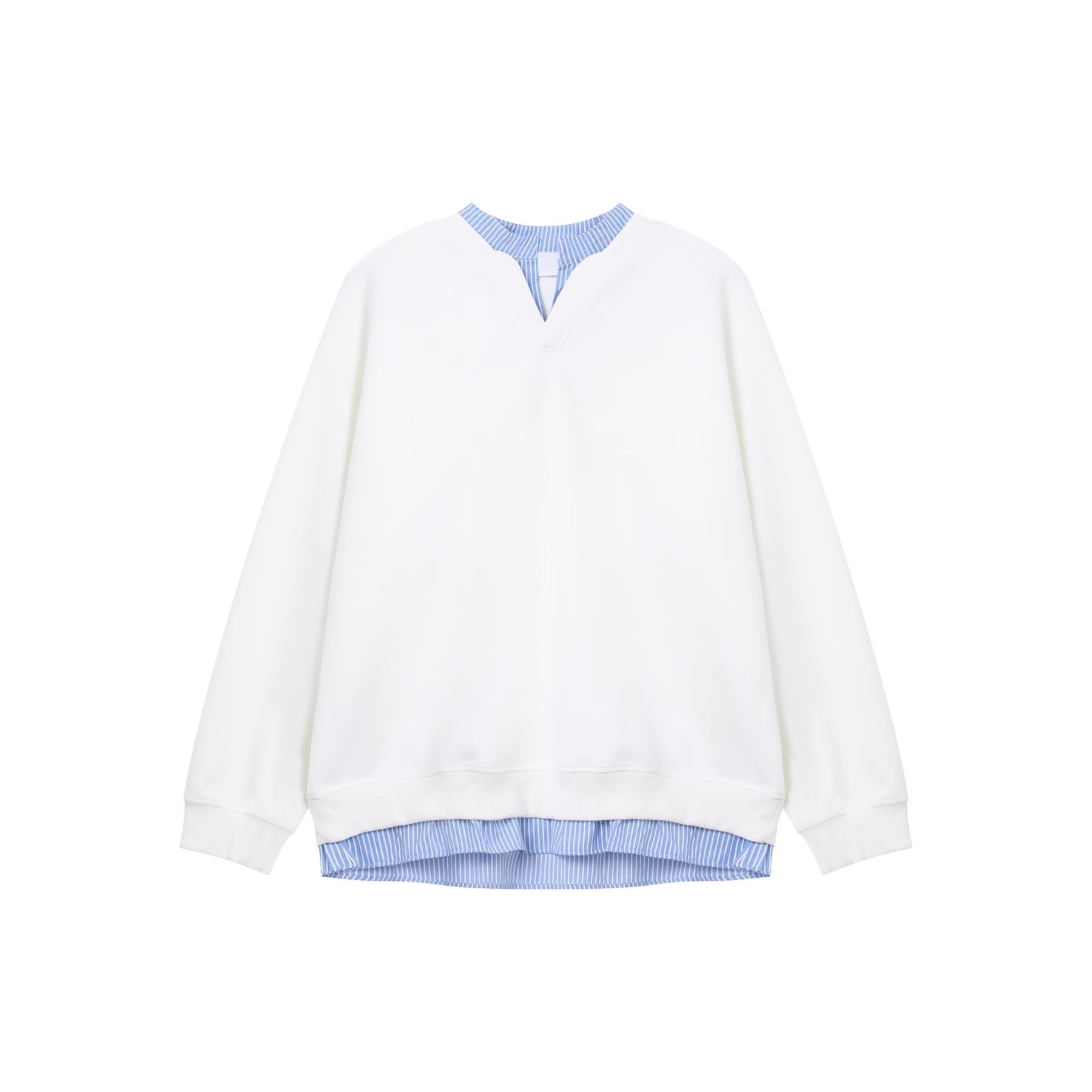 【春の新作】レイヤードデザイン スウェット×ストライプシャツ＋ワイドデニムパンツ｜韓国ストリートカジュアル