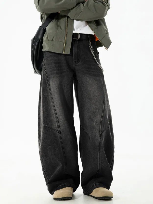 Men's Vintage Washed Barrel Leg Jeans – Loose Fit Panel Design Straight Denim Pants