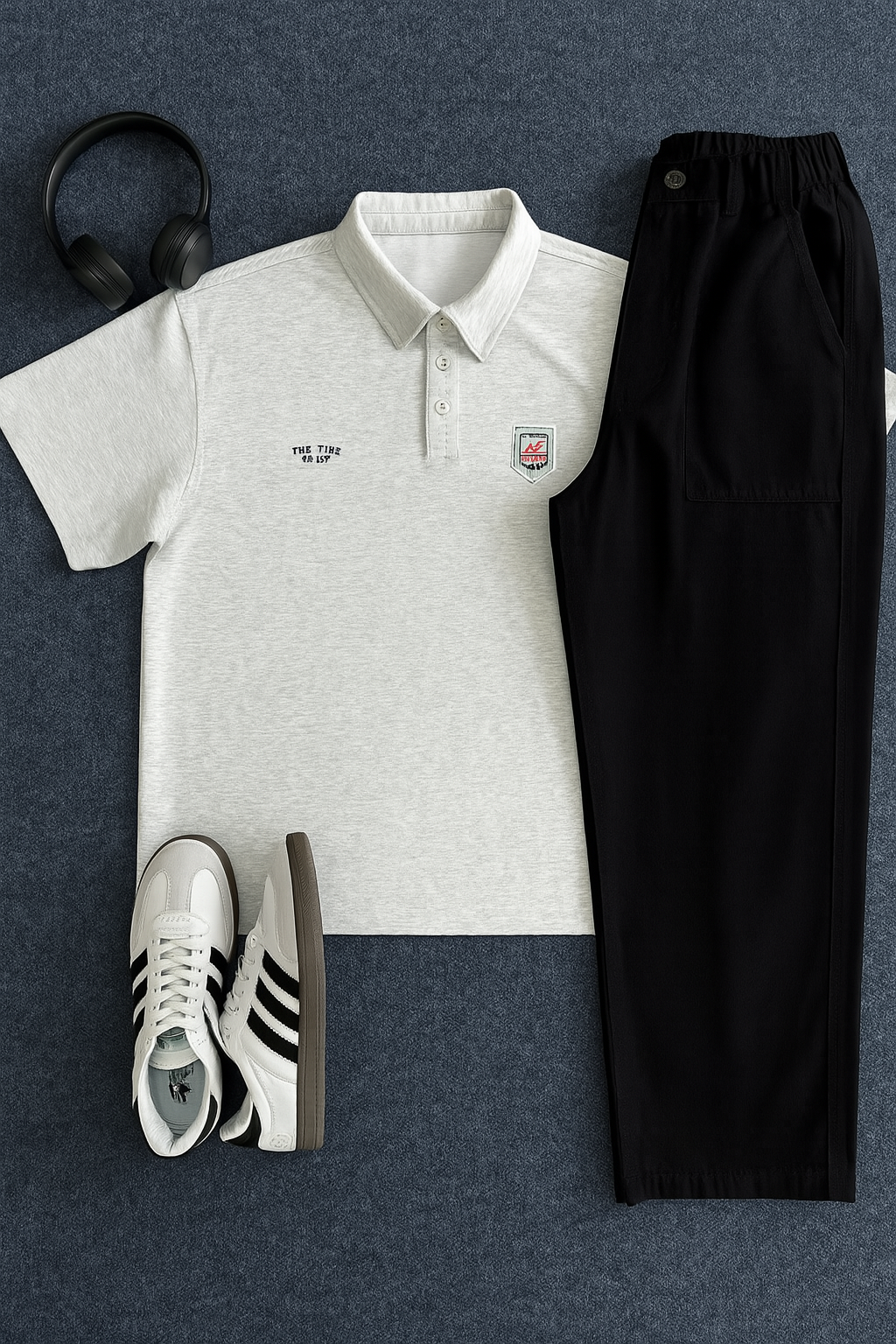 DG STUDIOS DG1148 ミニマルカレッジ風メンズコーデ｜グレーポロシャツ＋ブラックスラックス