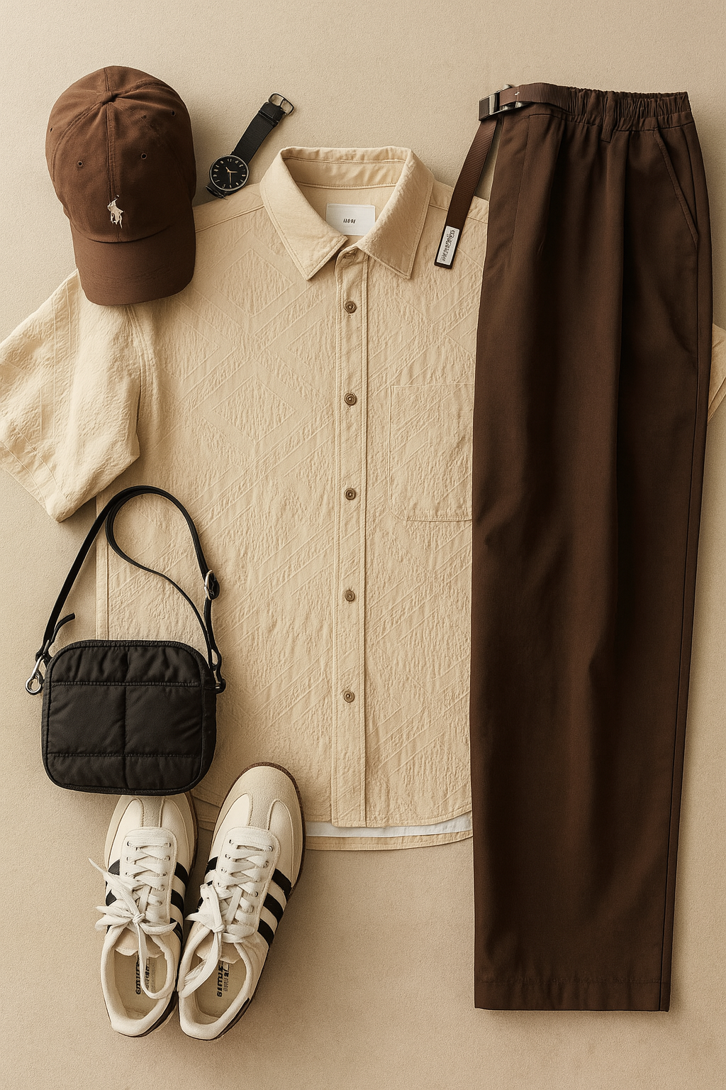 DG STUDIOS DG1142 夏のメンズ日系セットアップ｜立体模様入り半袖シャツ＋ウエスト調整可能ストレートパン