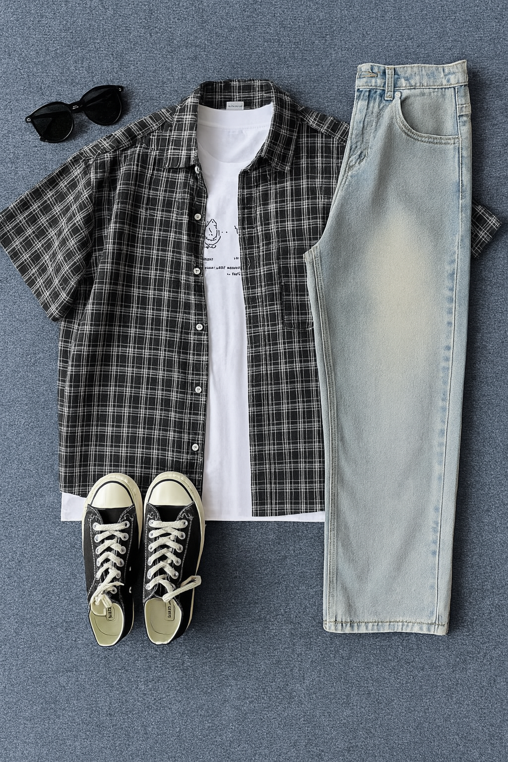 DG STUDIOS DG1149 レトロ日系メンズコーデセット｜チェックシャツ＋プリントTシャツ＋ライトブルーデニム
