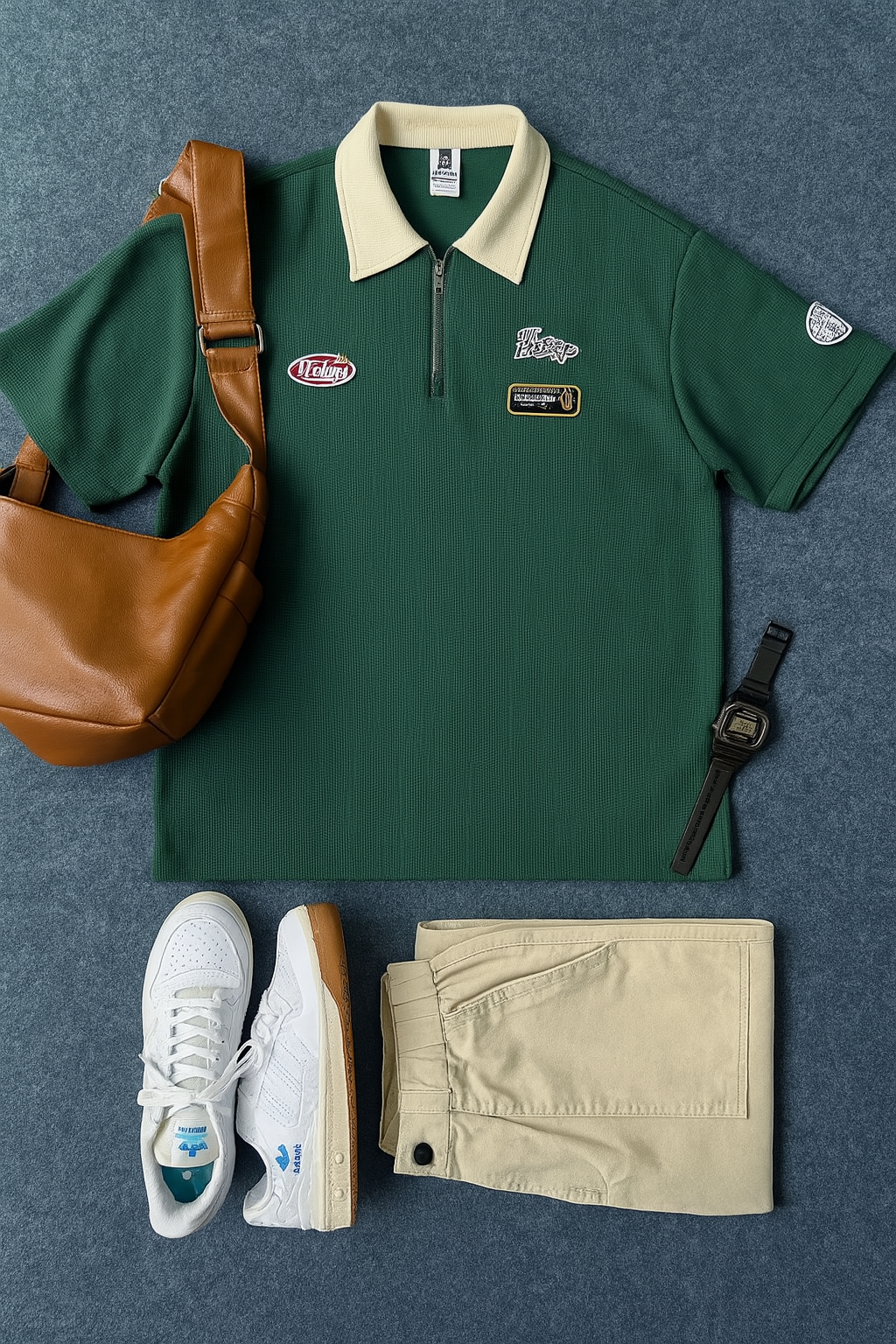 DG STUDIOS DG1145 夏のアメリカンカレッジ風コーデ｜ワッペン付きPoloシャツ＋ベージュカーゴショーツ