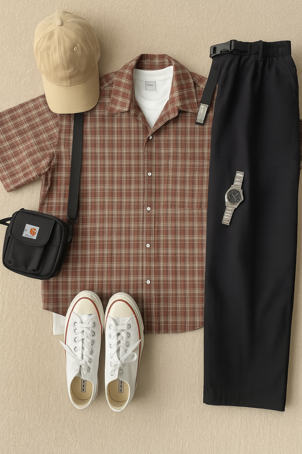 DG STUDIOS DG1150 日系レトロメンズコーデ｜チェックシャツ＋ブラックパンツ＋Tシャツ重ね着