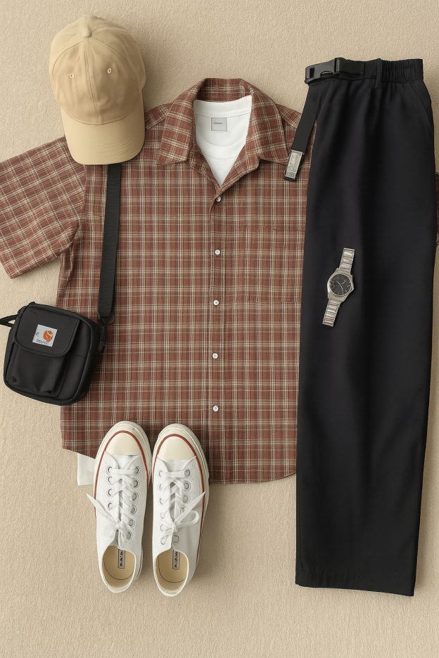 DG STUDIOS DG1150 日系レトロメンズコーデ｜チェックシャツ＋ブラックパンツ＋Tシャツ重ね着