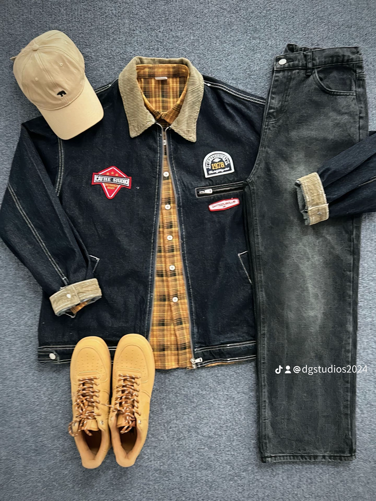 DG STUDIOS DG987 春新作 アメカジ風デニムジャケットセットアップ｜チェック柄シャツ×ブラックジーンズ メンズコーデ