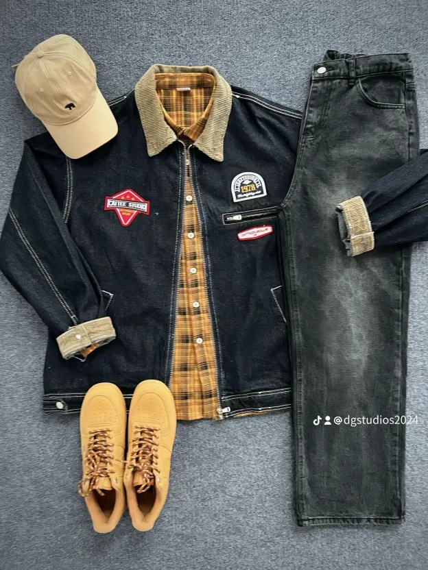 DG STUDIOS DG987 春新作 アメカジ風デニムジャケットセットアップ｜チェック柄シャツ×ブラックジーンズ メンズコーデ