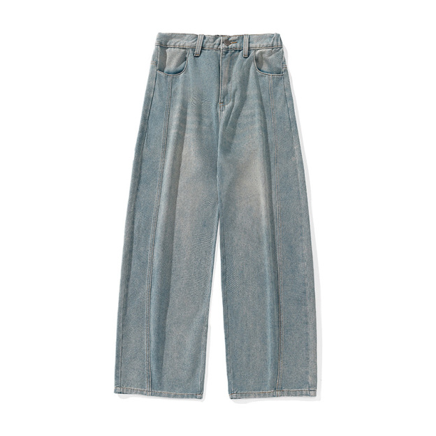 Men's American Vintage Washed Denim Jeans – Loose Fit Tapered Panel Pants