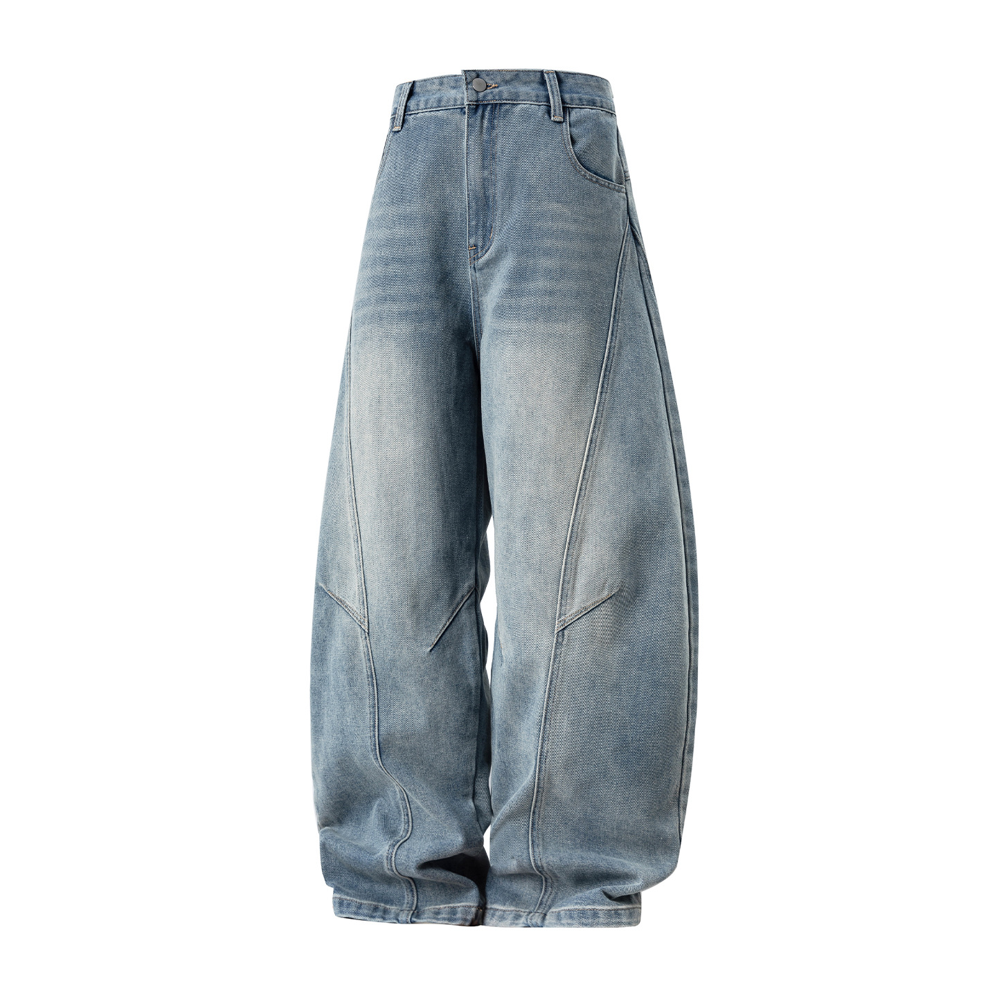 Men's Vintage Washed Barrel Leg Jeans – Loose Fit Panel Design Straight Denim Pants