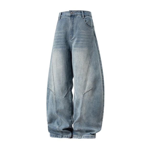 Men's Vintage Washed Barrel Leg Jeans – Loose Fit Panel Design Straight Denim Pants