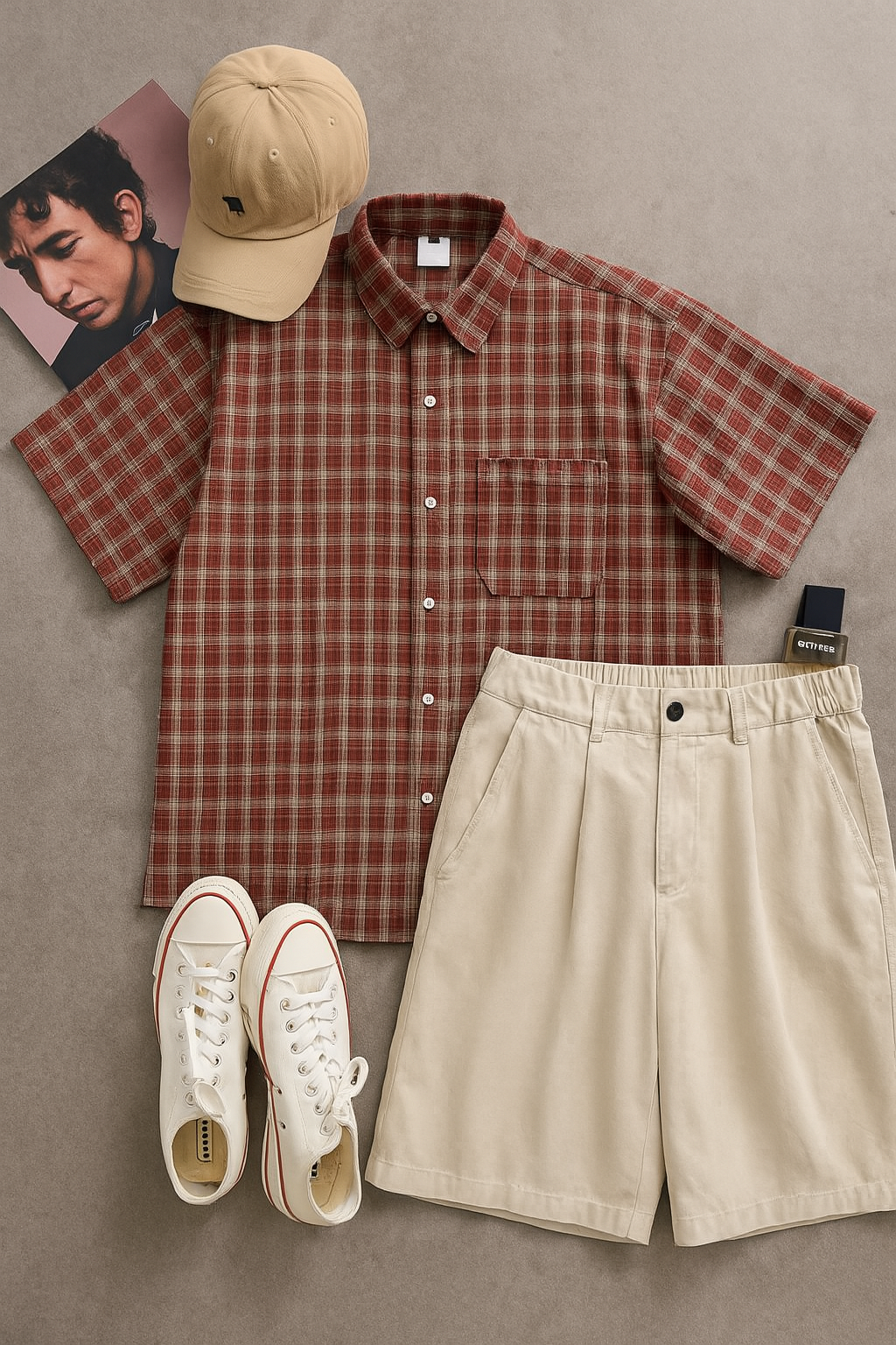 DG STUDIOS DG1143 レトロ＆ナチュラル｜チェック柄半袖シャツ＋ベージュショートパンツ メンズ夏セット