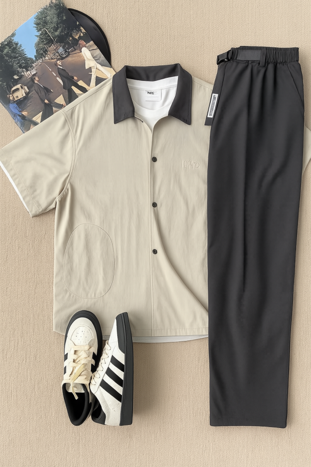 DG STUDIOS DG1139  配色オープンカラーシャツ＆ブラックパンツ｜ミニマル×レトロな夏のセットアップ