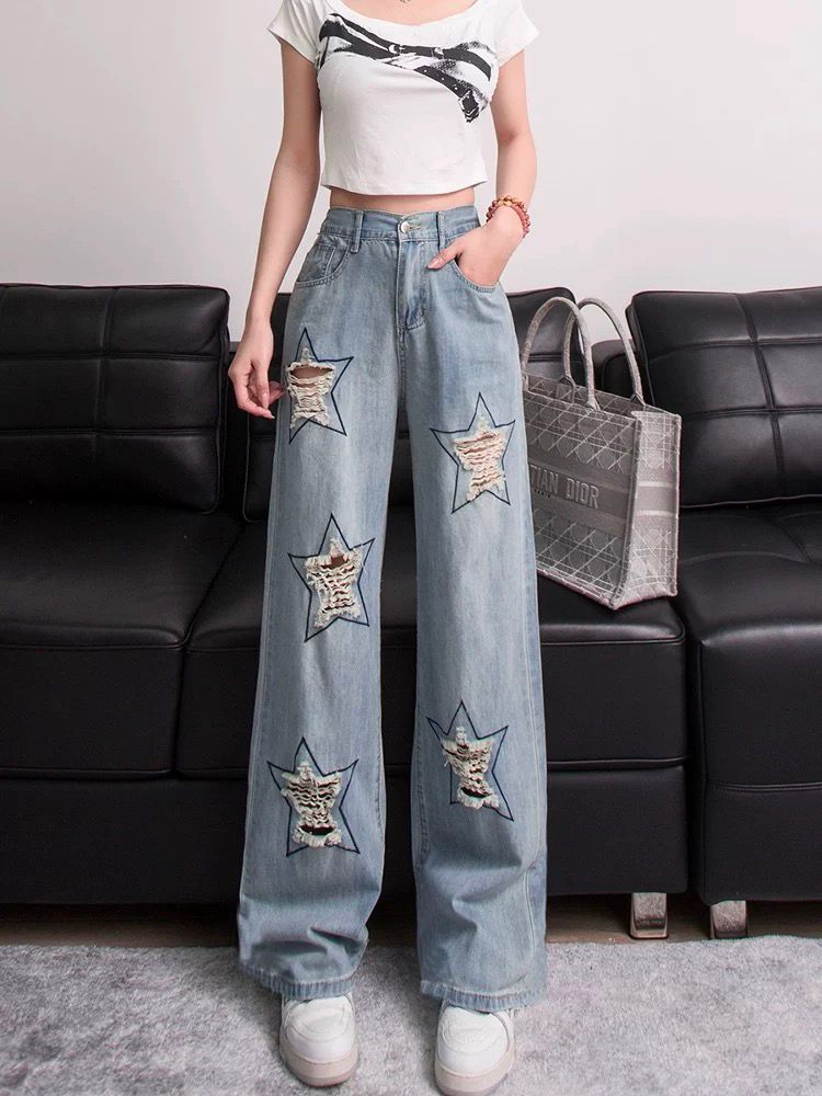 街头风星星破洞牛仔裤