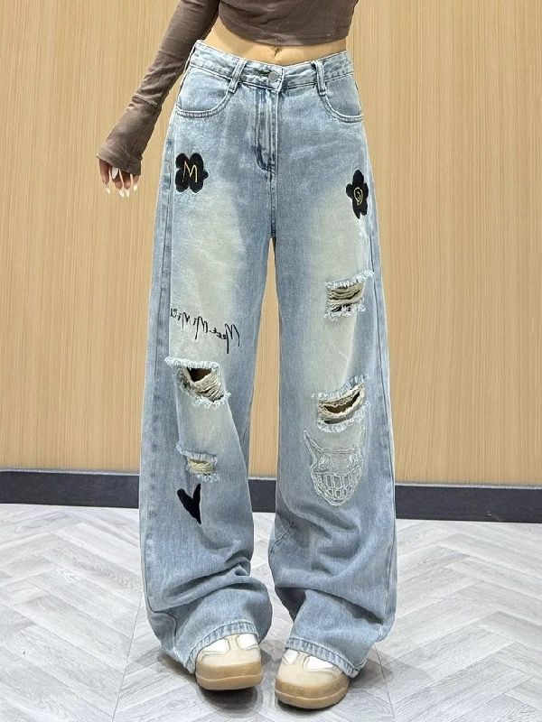 印花辣妹破洞牛仔裤
