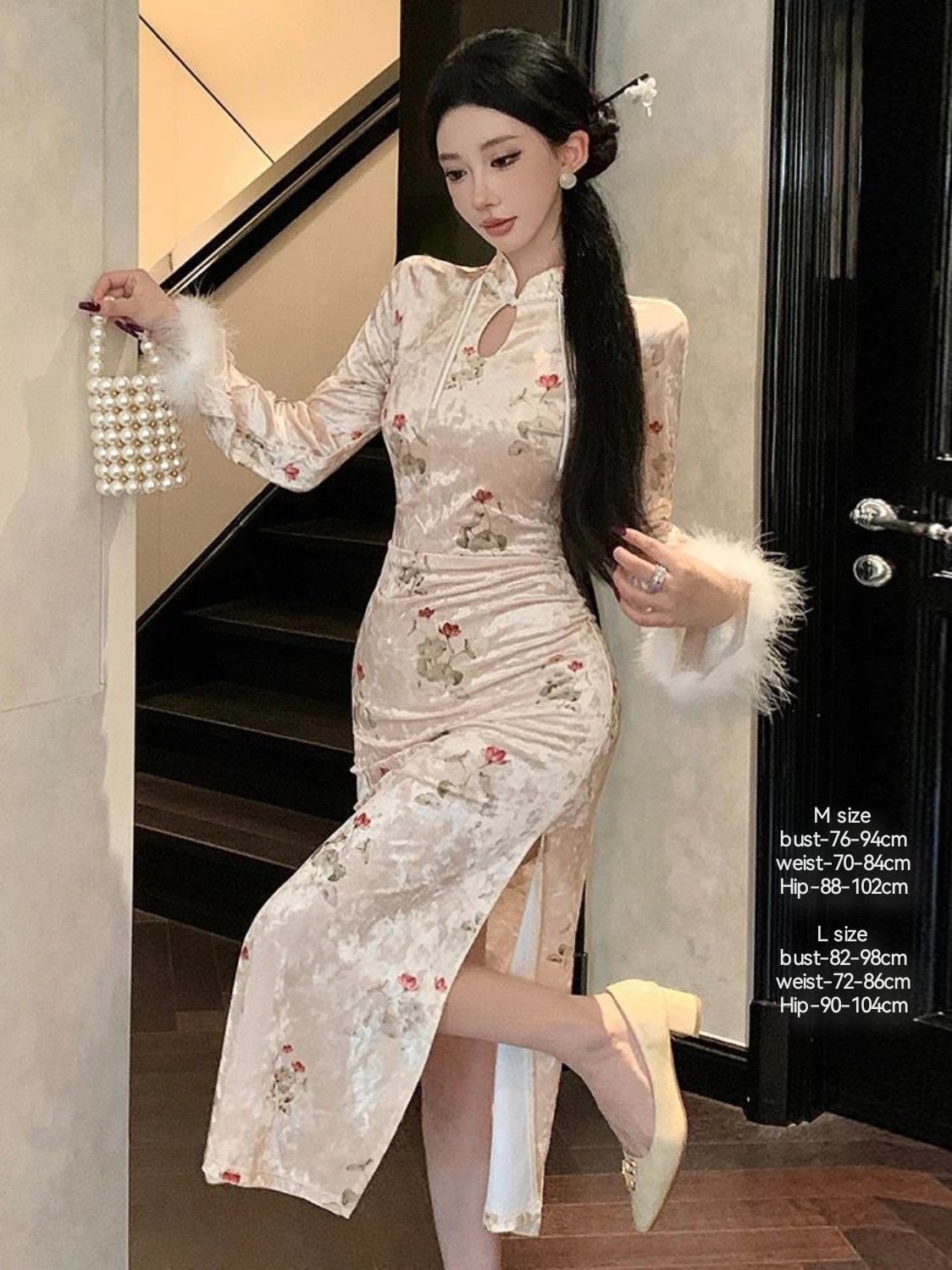 复古修身丝绒印花新中式旗袍