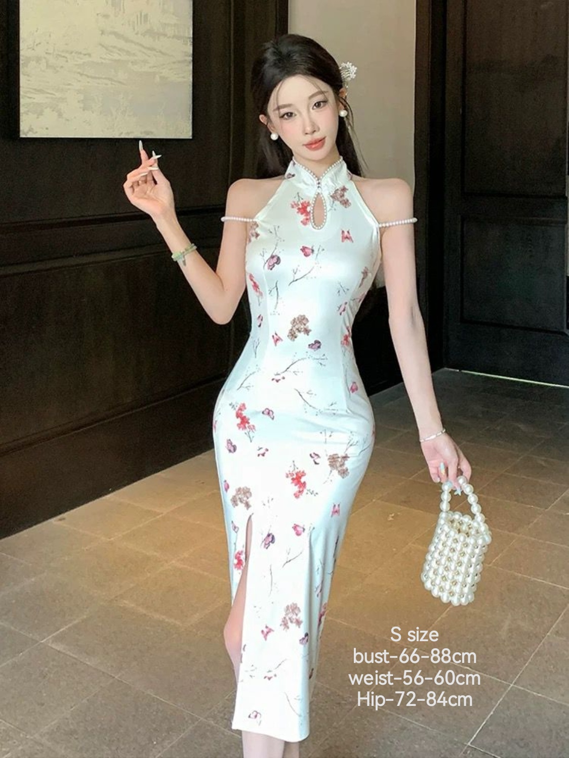 新中式国风性感挂脖钉珠印花旗袍