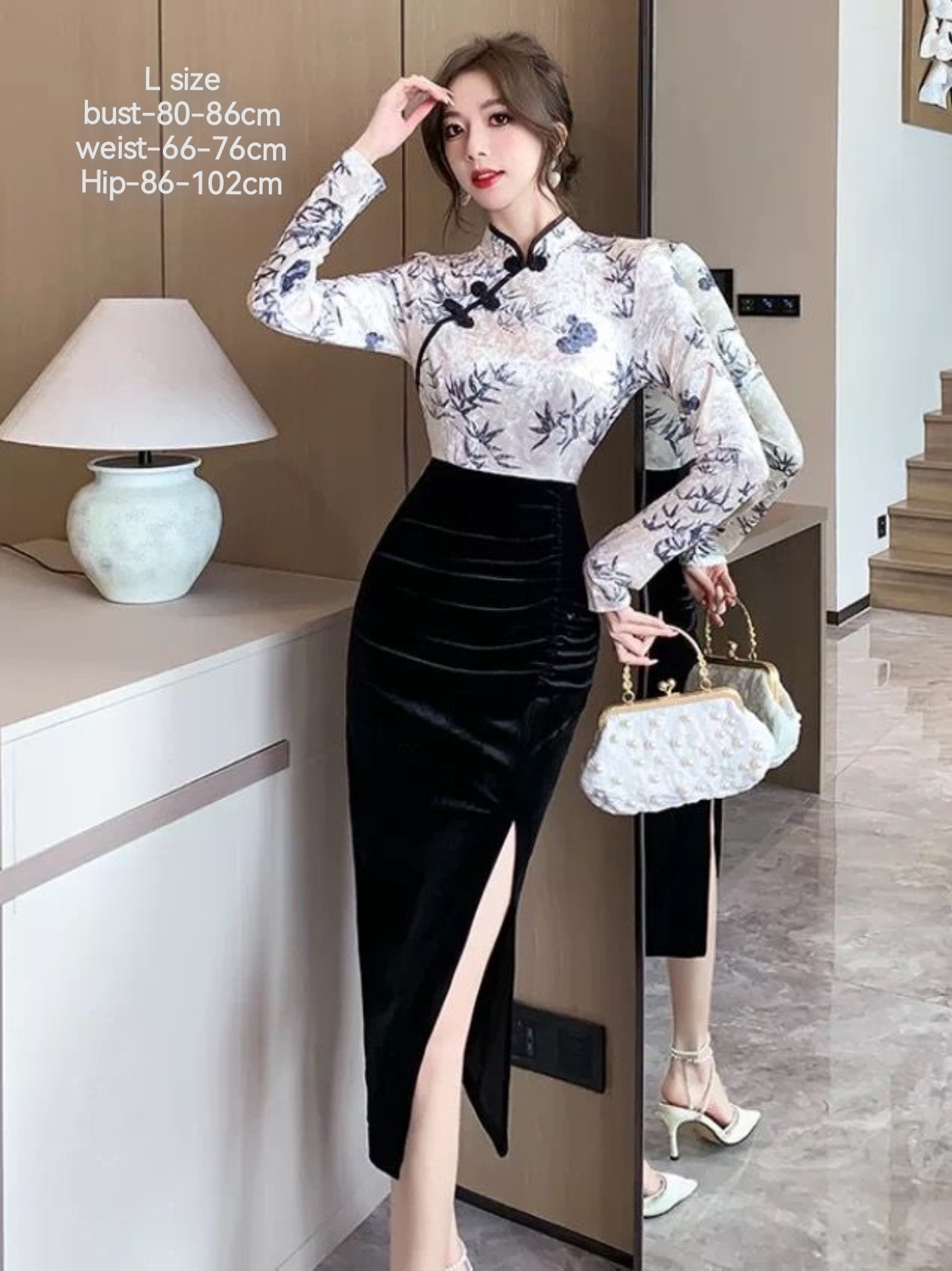 优雅复古印花丝绒撞色旗袍