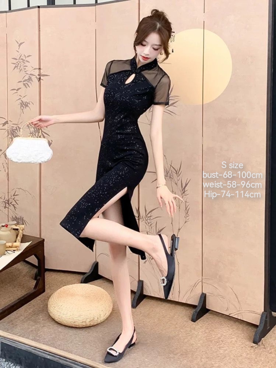 轻奢名媛性感网纱闪钻开叉旗袍