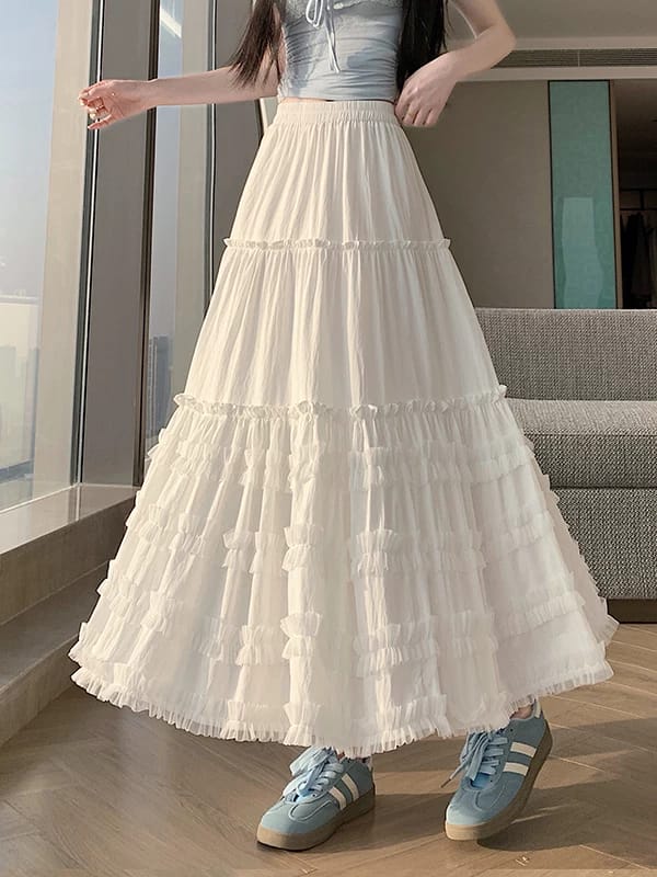 白色网纱拼接半身裙